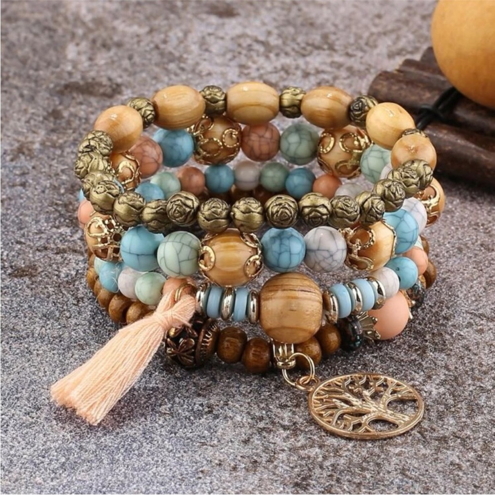4 Piece Boho Beaded Bracelet Set With Tree of Life Charm